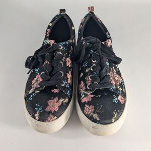 J/Slides NYC Women's‎ Size 7 Black Embroidered Floral Metallic Sneaker Shoes